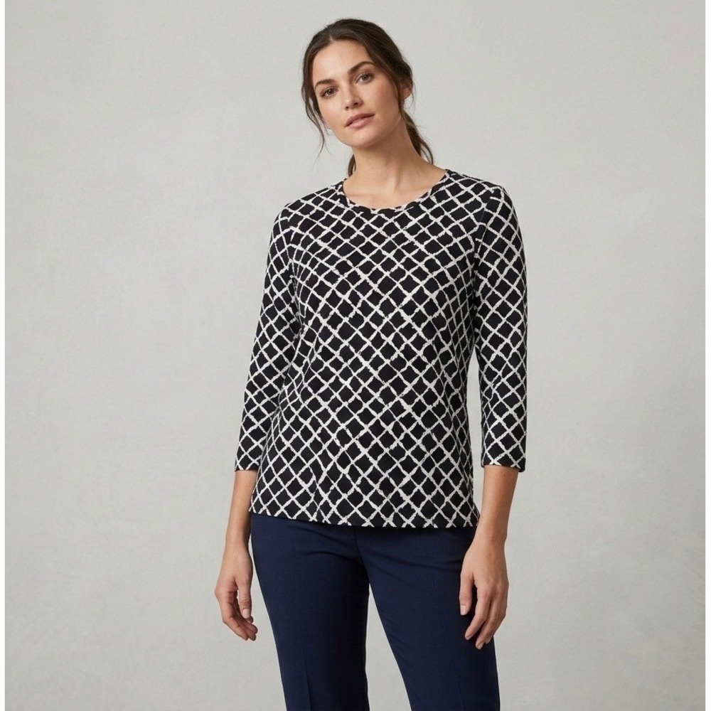 J.McLaughlin Catalina Cloth Top XL Black White Geometric 3/4 Sleeve Knit Shirt